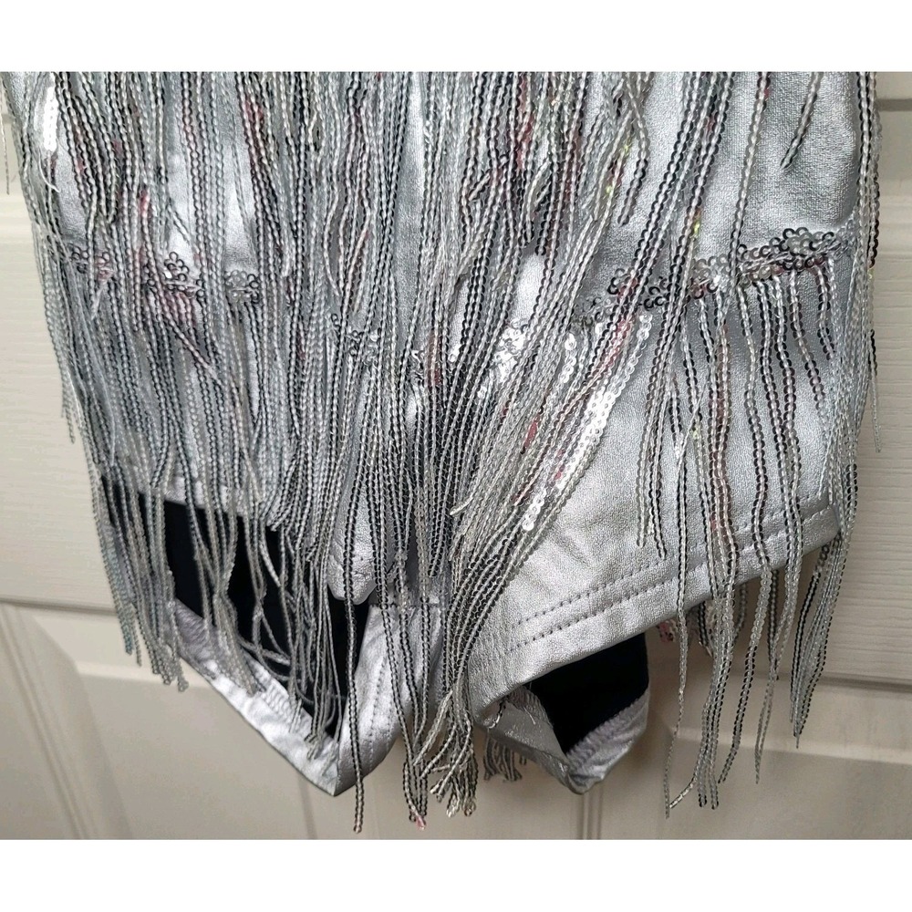 Silver Fringe Lace-Up Back Romper Women's Sz M Vegas Party Go-Go Burlesque Eras - Picture 5 of 13